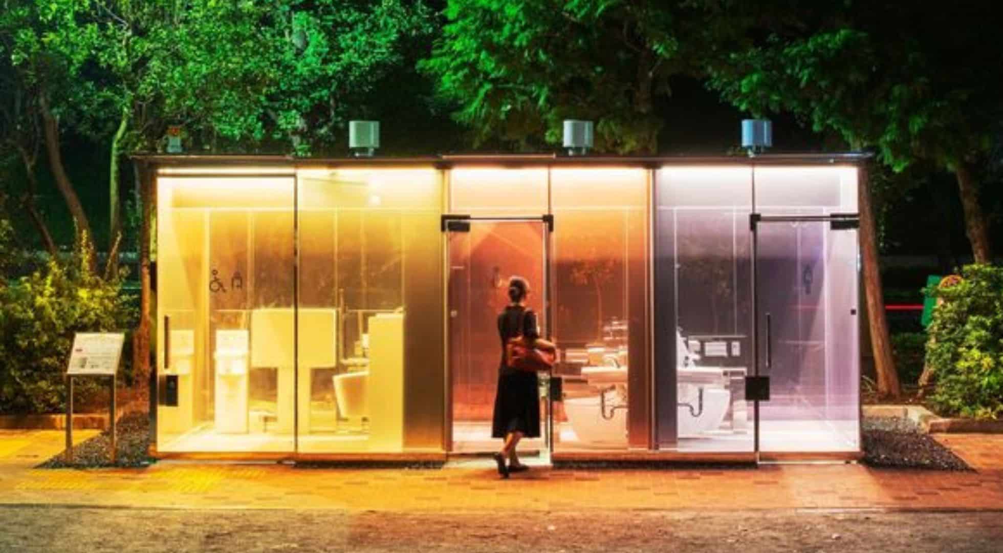 Take in the view of Tokyo at night from a public toilet.